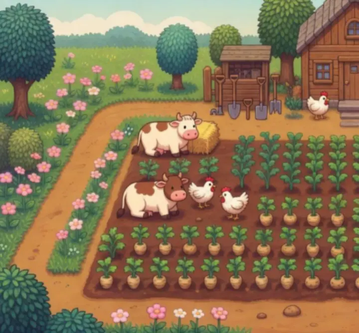 Vue générale d’une ferme pixel-art dans Stardew Valley au petit matin, avec champs, grange et maison chaleureuse.