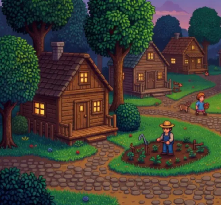 Vue pixel-art d'un village paisible au coucher du soleil, illustrant l'ambiance sonore douce de Stardew Valley.