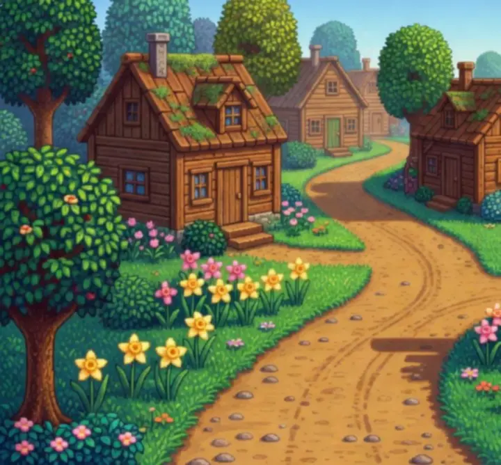Chemin de village en pixel-art menant vers Stardew Valley, bordé d’arbres et de maisons chaleureuses.