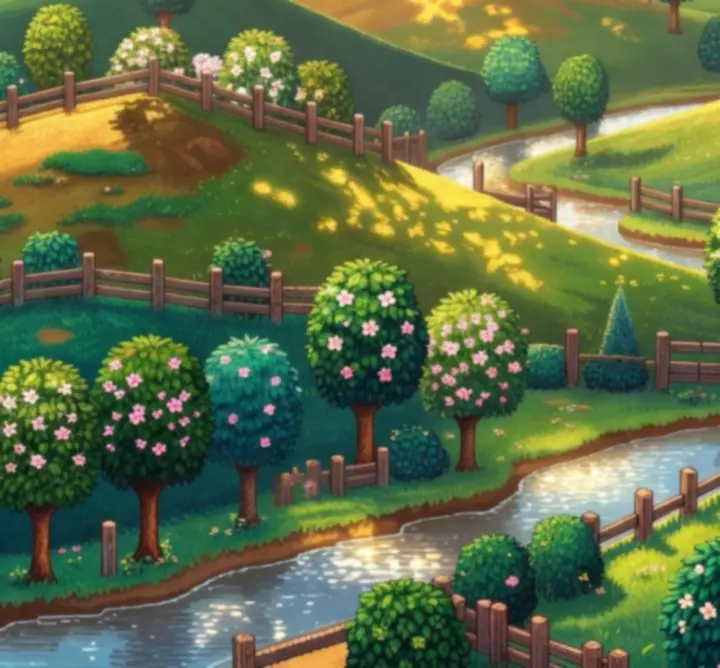 Paysage rural de Stardew Valley avec rivière, arbres et montagnes en pixel-art.