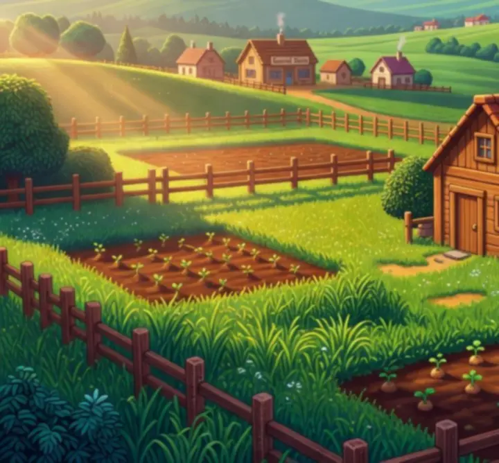 Lever de soleil pixel-art sur une petite ferme débutante dans Stardew Valley