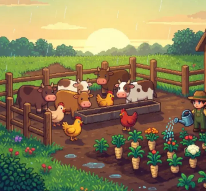 Ferme pixel-art avec champs, animaux et arrosoirs, illustrant l'ambiance sonore agricole de Stardew Valley.