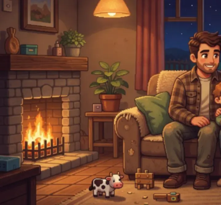 Soirée en famille dans la maison du joueur de Stardew Valley, avec une ambiance tamisée et conviviale