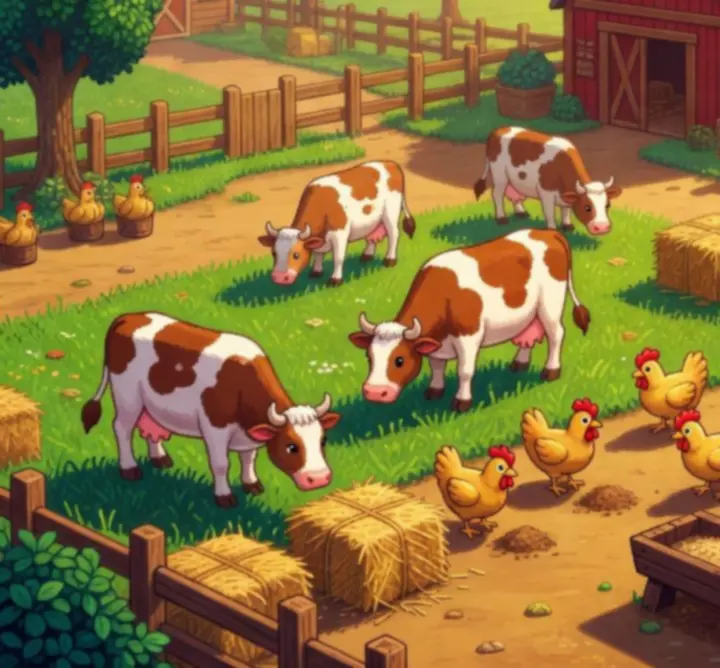 Animaux de ferme et chien de compagnie dans Stardew Valley.