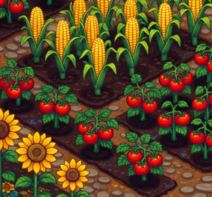 Organisation visuelle d'une ferme de Stardew Valley avec cultures variées et chemins.