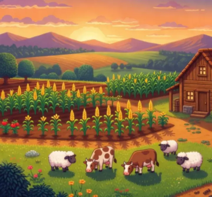 Ferme en pixel art dans Stardew Valley avec champs cultivés et cabane en bois au lever du soleil.