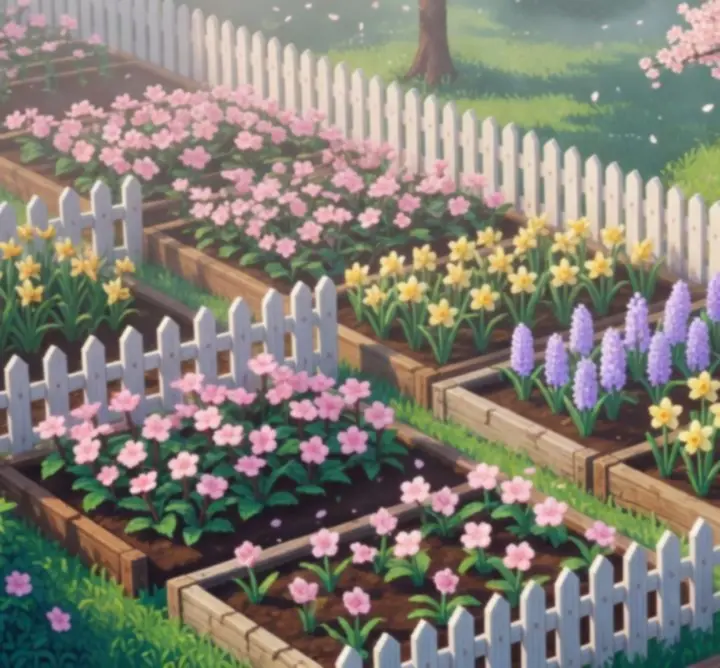 Ferme printanière aux couleurs pastel dans Stardew Valley, avec champs en fleurs et arbres fruitiers en pixel-art.