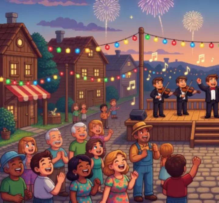 Festival de village en pixel-art, avec stands, décorations lumineuses et foule, illustrant l'ambiance sonore festive.