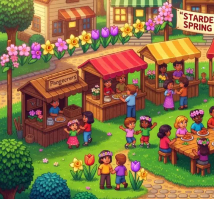 Festival de printemps dans Stardew Valley, avec villageois réunis sur la place décorée