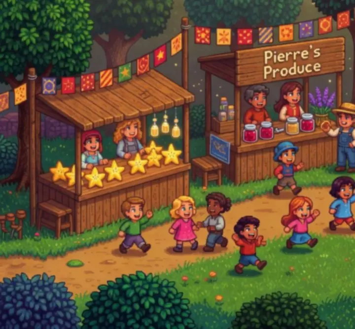 Festival au village dans Stardew Valley avec stands colorés, guirlandes lumineuses et habitants rassemblés.