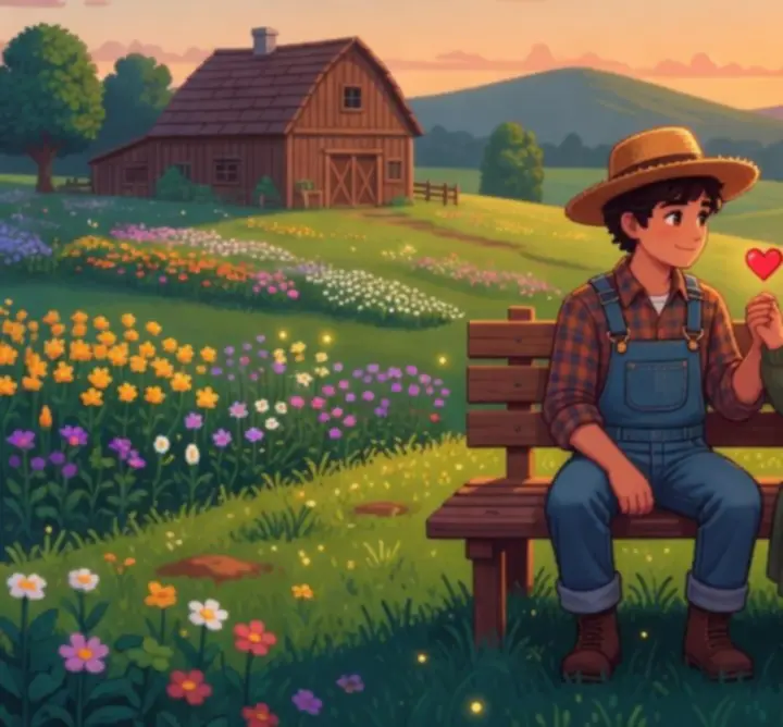 Scène d'événement de cœur dans Stardew Valley, montrant un moment intime entre le fermier et un villageois