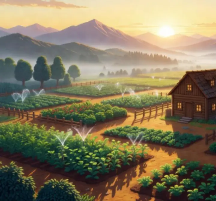 Vue d'ensemble d'une ferme de Stardew Valley, avec champs, maison en bois et nature environnante en pixel-art.