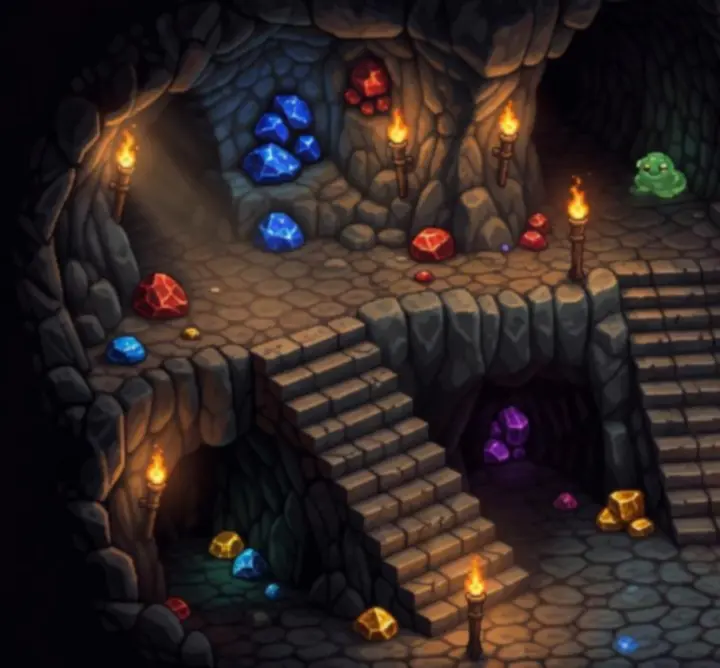 Intérieur des mines de Stardew Valley, éclairé par des torches.