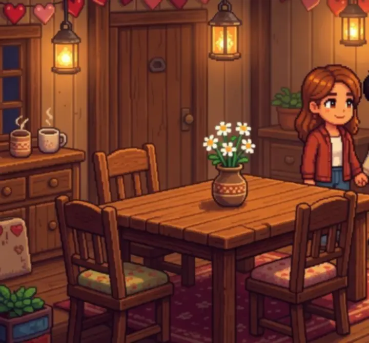 Intérieur de la ferme après un mariage dans Stardew Valley, montrant un foyer chaleureux et décoré