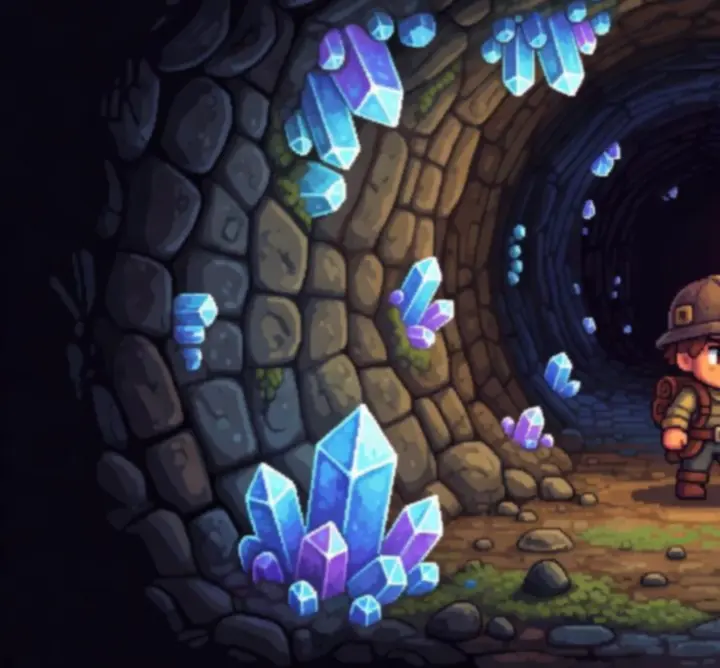 Exploration d'une mine dans Stardew Valley avec couloirs sombres et cristaux lumineux.