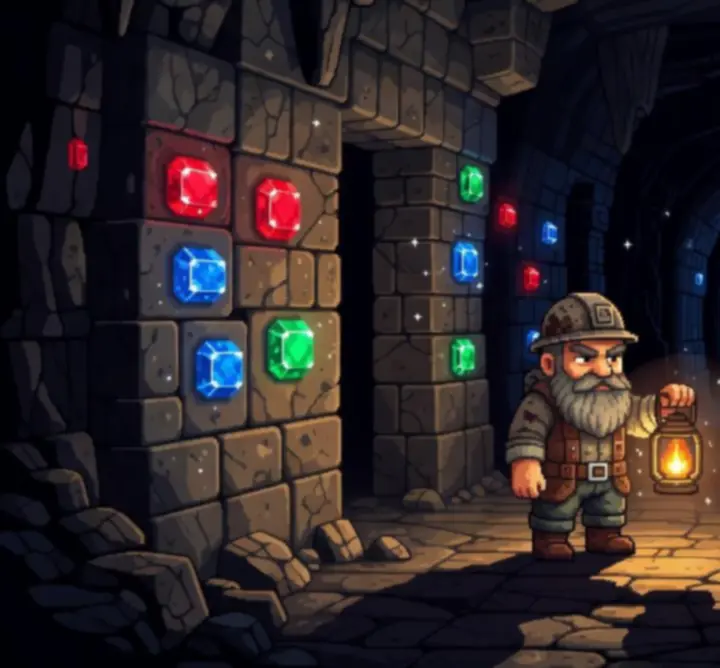 Exploration de la mine dans Stardew Valley, avec jeux de lumière et ambiance mystérieuse.