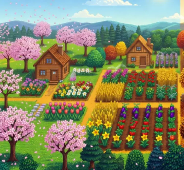 Paysage de Stardew Valley montrant les différentes saisons de la campagne