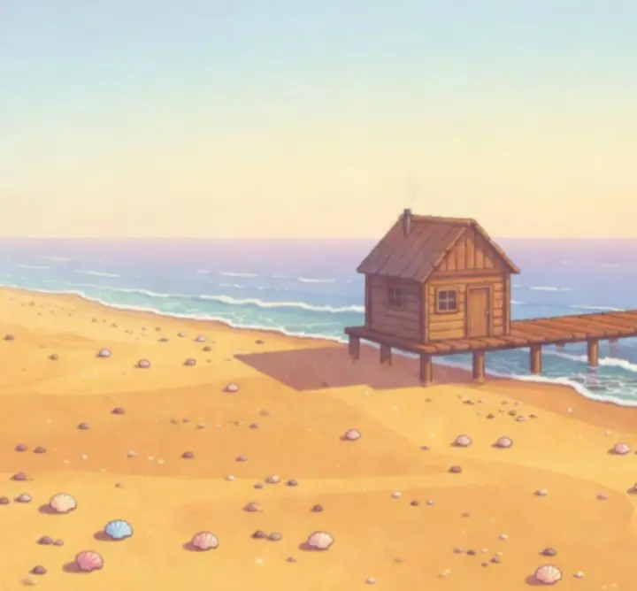 Scène de pêche sur la plage dans Stardew Valley, avec mer et ponton en bois.