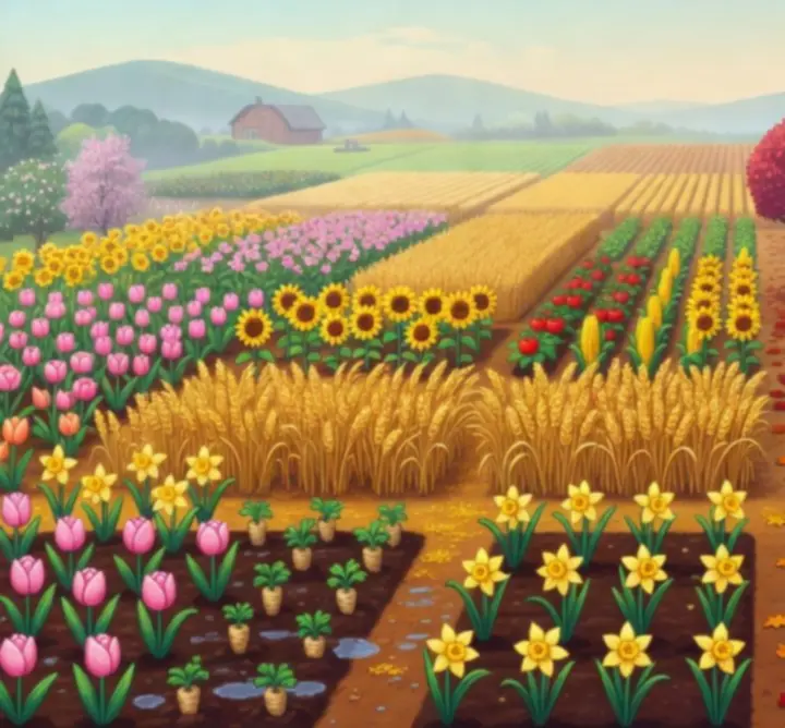 Champ cultivé à Stardew Valley traversant les différentes saisons avec des couleurs changeantes.