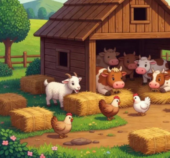 Intérieur d'une grange dans Stardew Valley avec vaches et chèvres en pixel-art.
