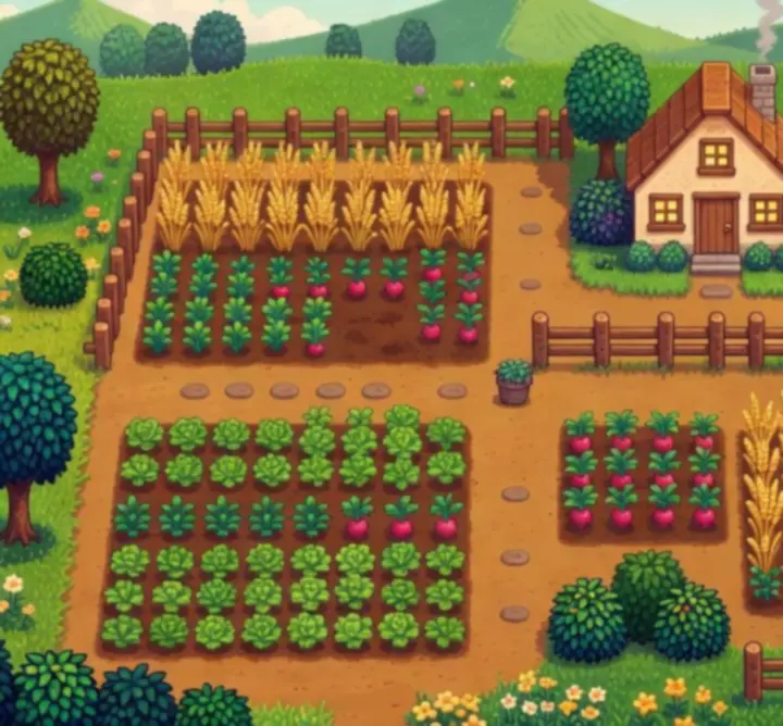 Vue aérienne d'une ferme organisée dans Stardew Valley avec champs, grange et chemins en pixel-art.
