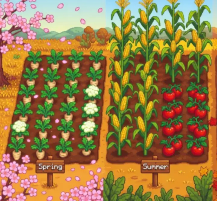 Montage de champs dans Stardew Valley à travers les quatre saisons avec différentes cultures colorées.