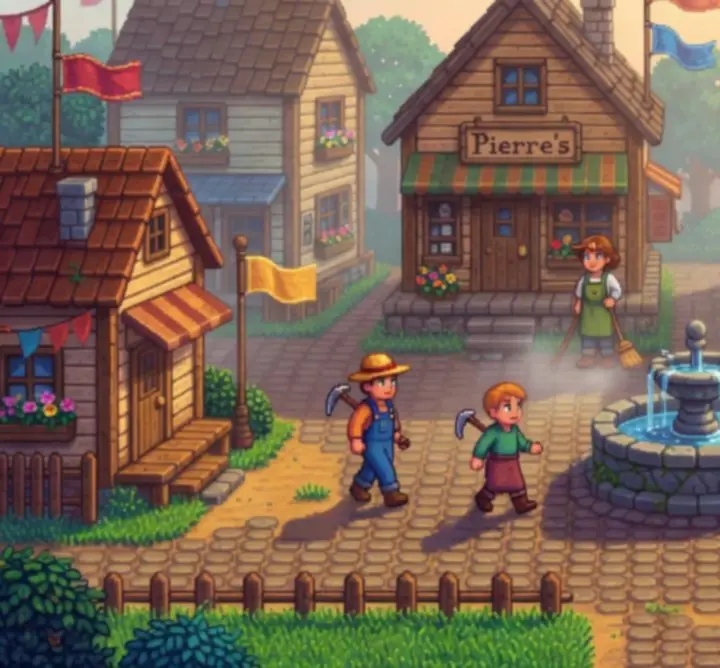 Le village de Stardew Valley baigné dans la lumière douce du lever de soleil