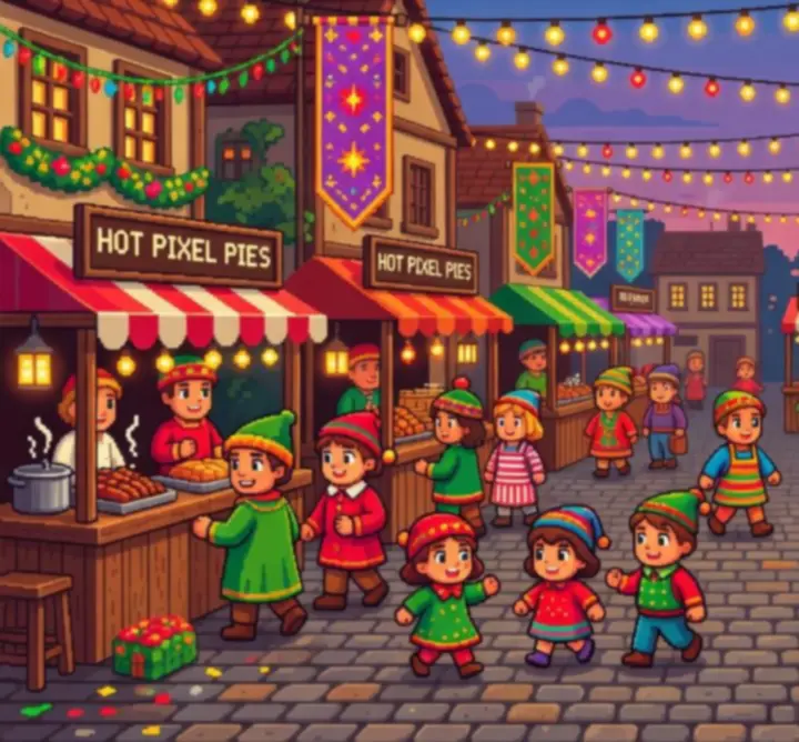 Scène de festival dans le village de Stardew Valley avec habitants et décorations.