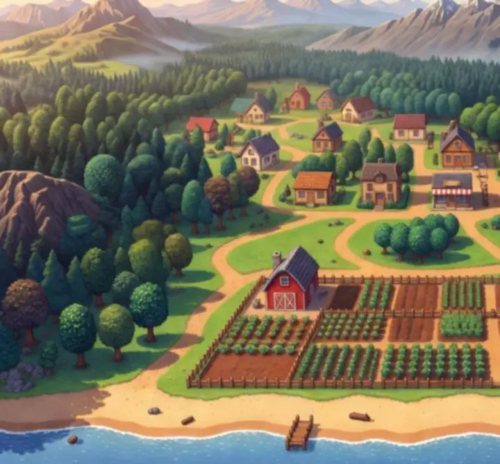Vue générale de la carte de Stardew Valley, entre ferme, ville et plage.